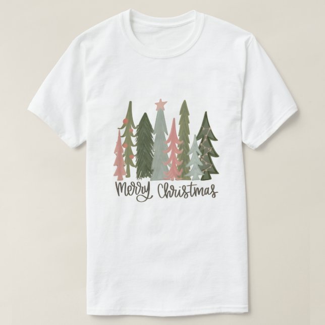 Camiseta Feliz de Natal com Design de Árvore Festi (Frente do Design)