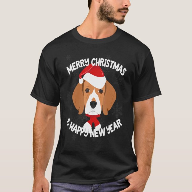 Camiseta Feliz de Natal Natal Feriado Santa Hat Beagle Nova (Frente)
