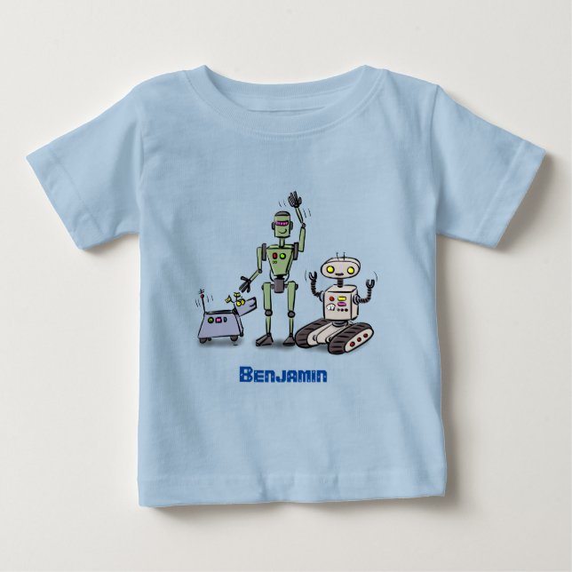 Camiseta Feliz desenho animado de robôs fofos (Frente)