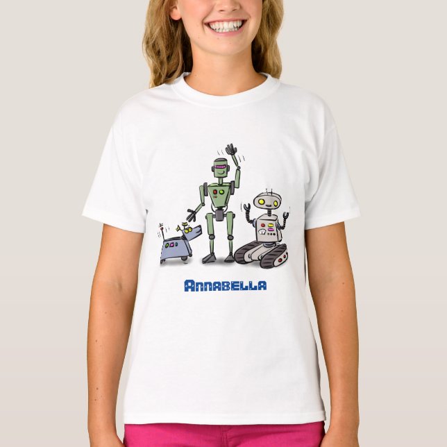 Camiseta Feliz desenho animado de robôs fofos (Frente)