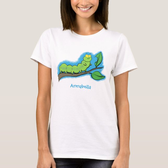 Camiseta Feliz desenho de cartoon verde da lagarta (Frente)