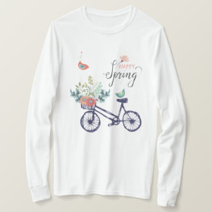 Camiseta Feliz design de primavera: bicicleta, flores e ave