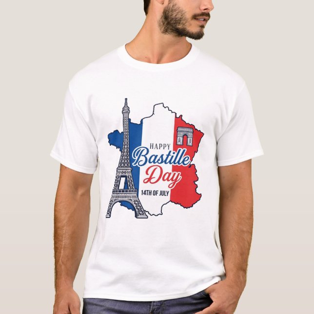 Camiseta Feliz Dia da Bastilha França Mapa Torre Eiffel Vec (Frente)