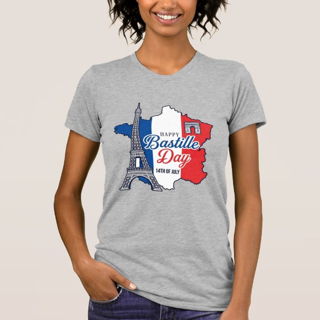 Camiseta Feliz Dia da Bastilha França Mapa Torre Eiffel Vec (Frente)