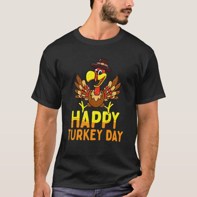 Camiseta Feliz Dia da Turquia Bonito Pequeno Peregrino Ação (Frente)