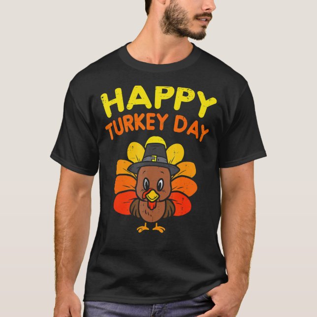 Camiseta Feliz Dia da Turquia Bonito Pequeno Peregrino Ação (Frente)