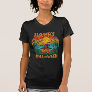 Camiseta Feliz Dia das Bruxas Abóbora Chapéu de Bruxa Lua C