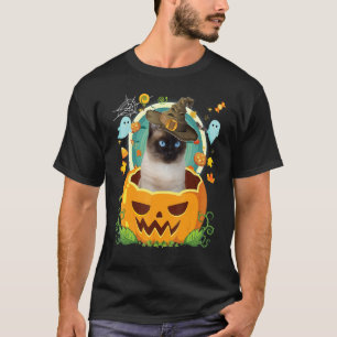 Camiseta Feliz Dia das Bruxas Abóbora Gato Siamesa Bruxa Ch