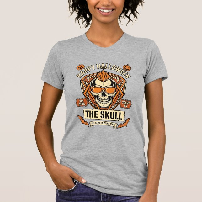 Camiseta Feliz Dia das Bruxas Caveira Mohawk Óculos de Sol  (Frente)
