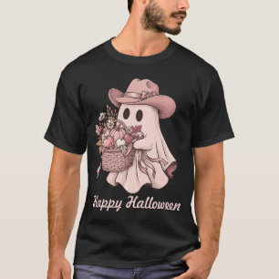 Camiseta Feliz Dia das Bruxas Cowgirl Fantasma Rosa