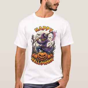 Camiseta Feliz Dia das Bruxas Espantalho Ceifador Foice Fla