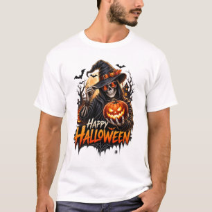 Camiseta Feliz Dia das Bruxas Esqueleto Abóbora Presente pa