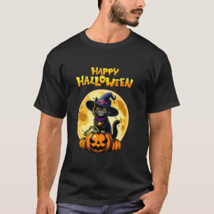 Camiseta Feliz Dia das Bruxas Gato Bruxa Lua Cheia Doce ou 