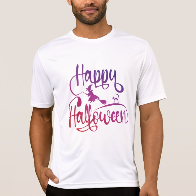 Camiseta Feliz Dia das Bruxas, Gato-de-bruxa voadora (Frente)
