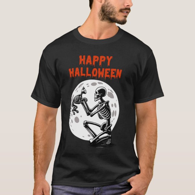 Camiseta Feliz Dia das Bruxas Gato Esqueleto Lua Cheia Fofo (Frente)