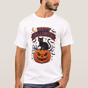 Camiseta Feliz Dia das Bruxas Gato Preto Abóbora Morcegos L