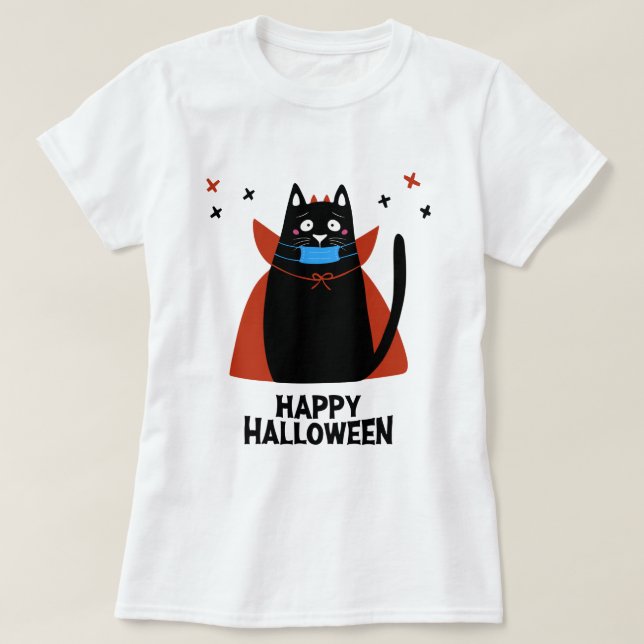 Camiseta Feliz Dia das Bruxas | Gato Vestindo Uma Máscara (Frente do Design)