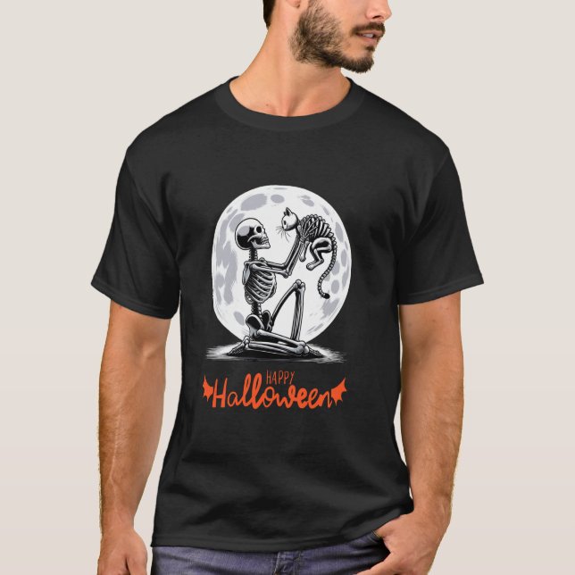 Camiseta Feliz Dia das Bruxas Lua Cheia Gato Esqueleto Fofo (Frente)