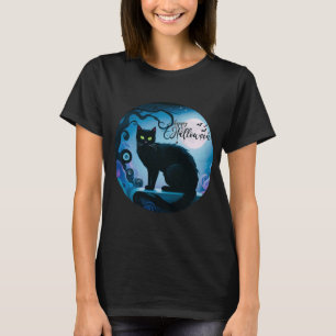 Camiseta Feliz Dia das Bruxas Negro Gato de Lua Cheia