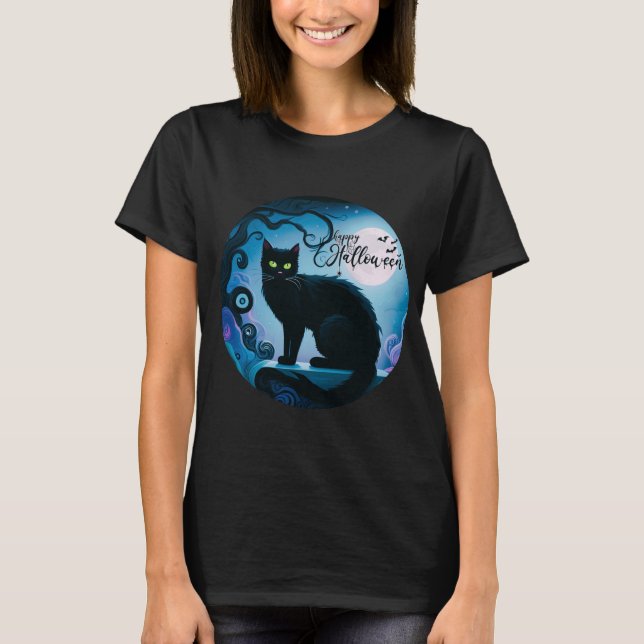 Camiseta Feliz Dia das Bruxas Negro Gato de Lua Cheia (Frente)