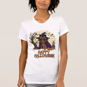 Camiseta Feliz Dia das Bruxas Pug Chapéu de Bruxa Caldeirão