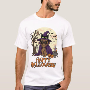 Camiseta Feliz Dia das Bruxas Pug Chapéu de Bruxa Caldeirão