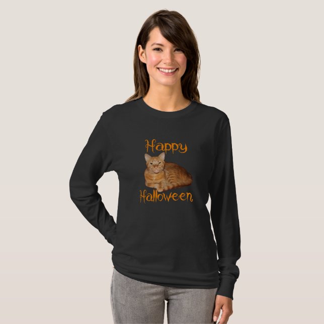 Camiseta Feliz Dia das Bruxas - Tabby Laranja Não Assustado (Frente Completa)