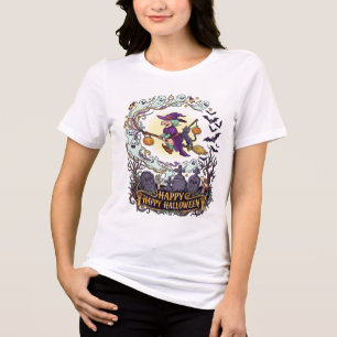 Camiseta Feliz Dia das Bruxas Vassoura de Bruxa Gatos Preto
