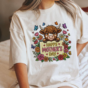 Camiseta Feliz Dia Das Mães Floral Vaca Highland Fofa