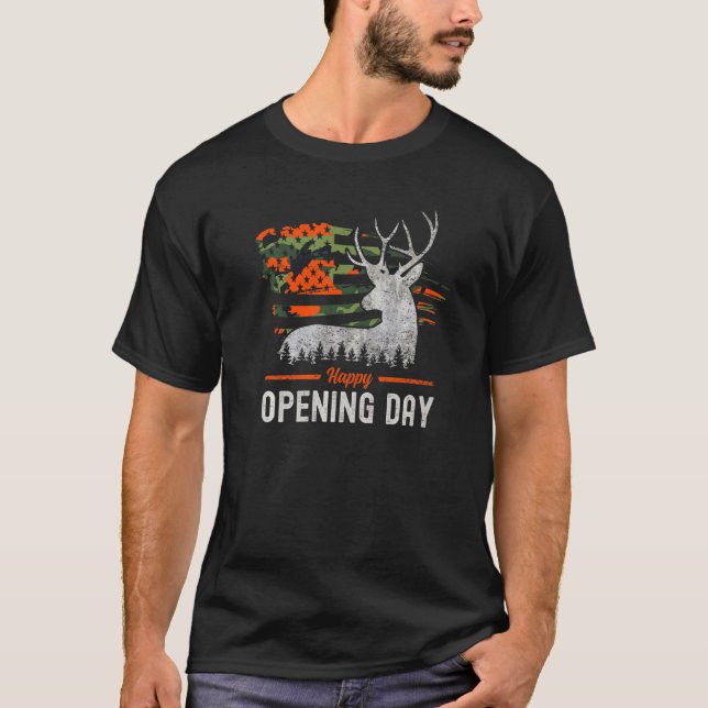 Camiseta Feliz Dia de Abertura Whitetail Camo American Flag (Frente)