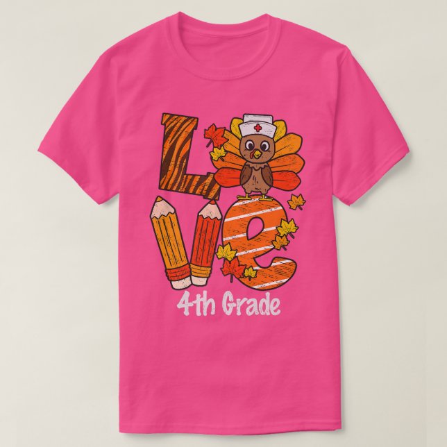 Camiseta Feliz Dia de Ação de Graças Ama Professor do 4º an (Frente do Design)