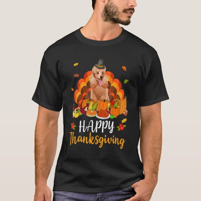 Camiseta Feliz Dia de Ação de Graças Cão-de-Poodle Pet Turq (Frente)