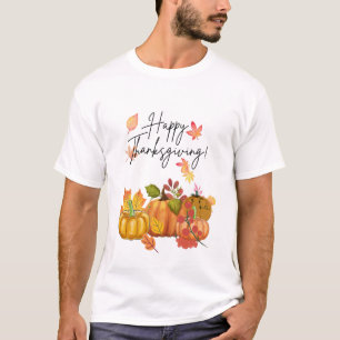 Camiseta Feliz Dia de Ação de Graças Folhas e Abóbora