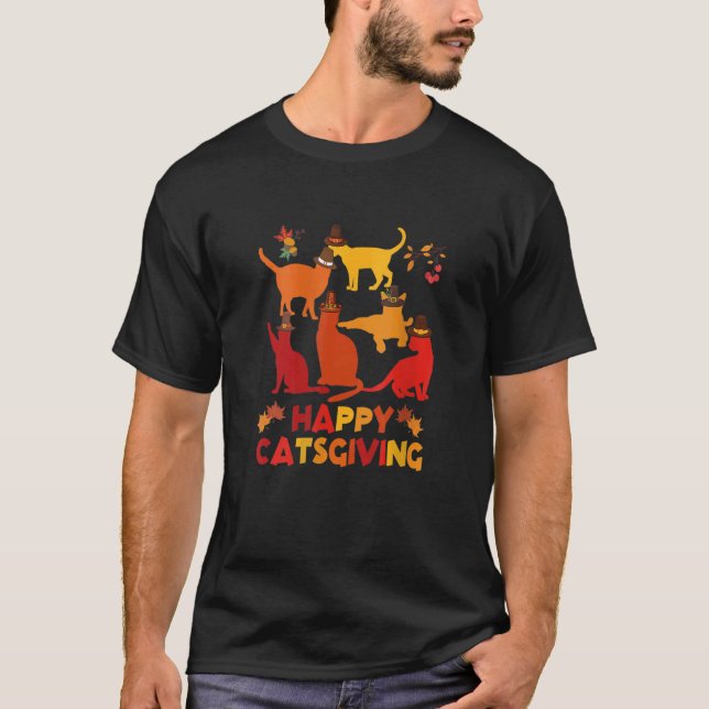 Camiseta Feliz Dia de Ação de Graças Gatos Pilgrim Hat (Frente)