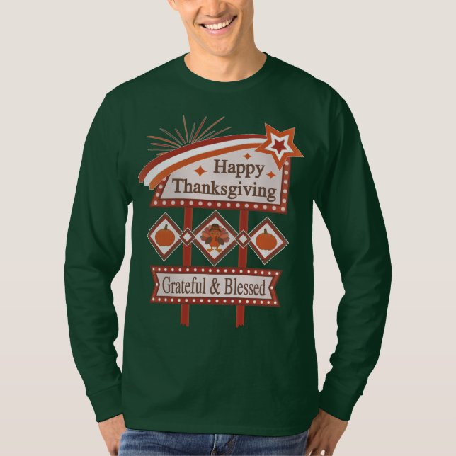 Camiseta Feliz Dia de Ação de Graças Grato & Abençoado Sina (Frente)