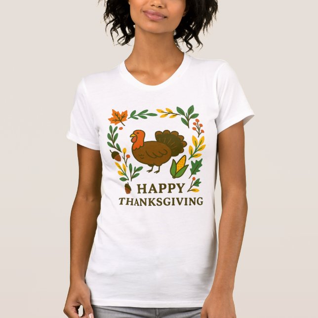 Camiseta Feliz Dia de Ação de Graças Peru Branco  (Frente)