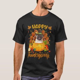 Camiseta Feliz Dia de Ação de Graças Pug Cachorro Peru Abób