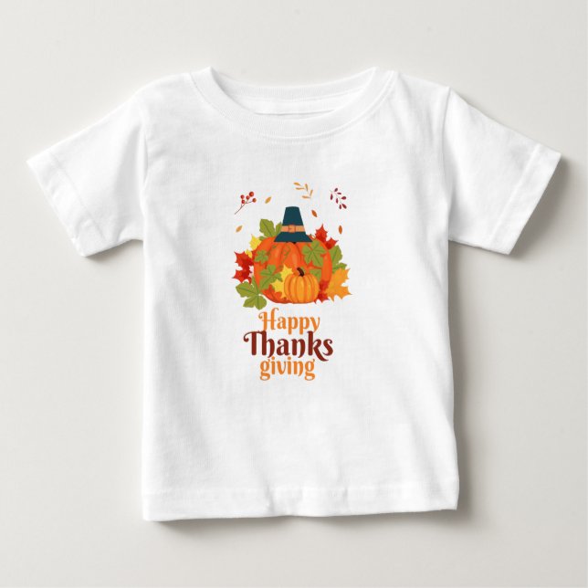 Camiseta Feliz Dia de Ação de Graças Pumpkin com Chapéus e  (Frente)