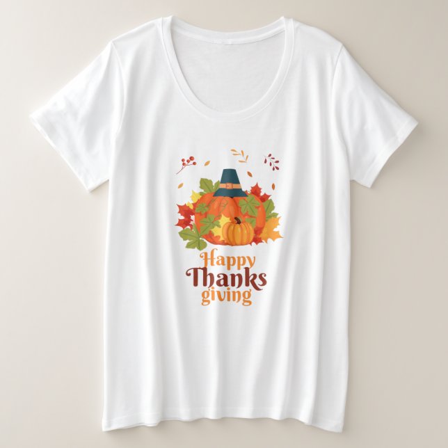 Camiseta Feliz Dia de Ação de Graças Pumpkin com Chapéus e  (Frente do Design)