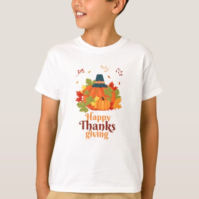 Camiseta Feliz Dia de Ação de Graças Pumpkin com Chapéus e  (Frente)