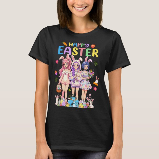 Camiseta Feliz dia de Páscoa fofo chibi kpop engraçado  (Frente)