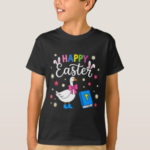 Camiseta Feliz dia de Páscoa ganso coquete laço ovos coelho