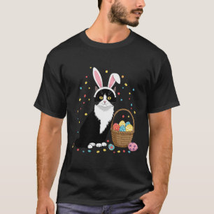 Camiseta Feliz Dia de Páscoa Gato Preto Orelhas de Coelho O