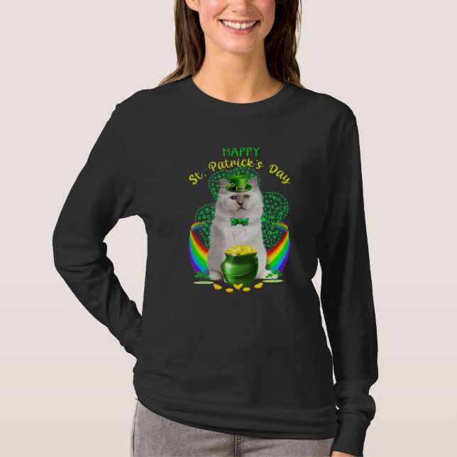 Camiseta Feliz Dia de São Patrício Branco Gato Leprechaun H (Frente)