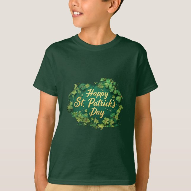 Camiseta Feliz Dia de São Patrício com Design de Trevo (Frente)