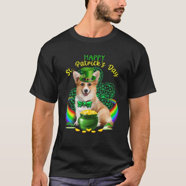 Camiseta Feliz Dia de São Patrício Cute Corgi Leprechaun Ha (Frente)