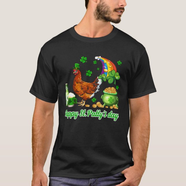 Camiseta Feliz Dia de São Patrício Frango Bebendo (Frente)