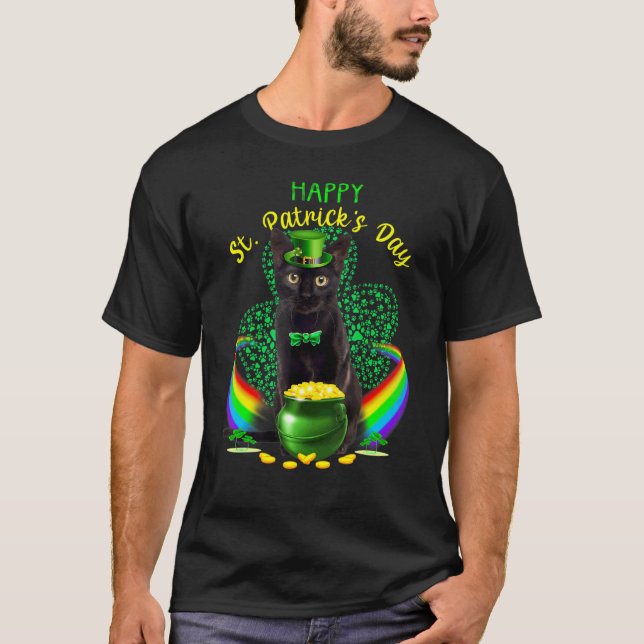 Camiseta Feliz Dia de São Patrício Negro Gato Leprechaun Ha (Frente)