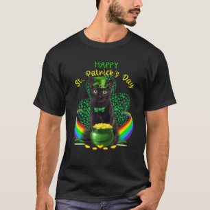 Camiseta Feliz Dia de São Patrício Negro Gato Leprechaun Ha