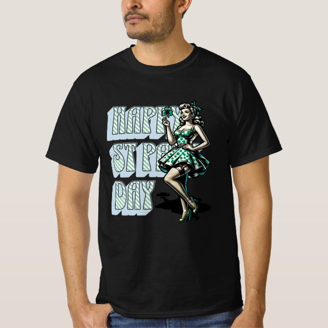 Camiseta Feliz Dia de São Patrício Pinup Girl com Shamrock (Frente)